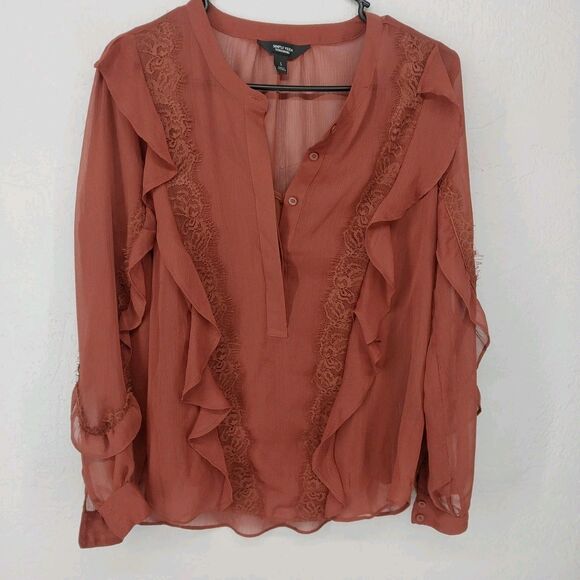 Simply Vera Wang Rust Red Sheer Ruffle Lace Blouse Going Out Top Size S - Picture 1 of 6